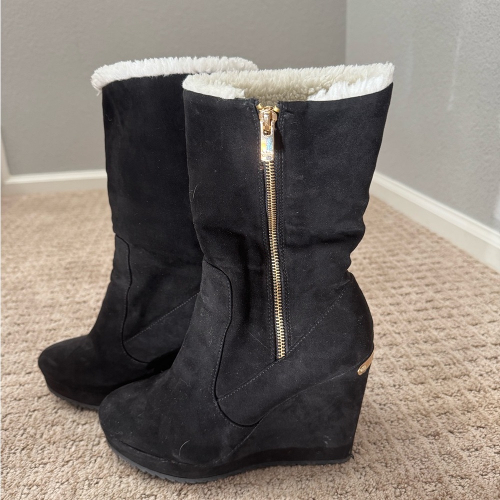 Juicy Couture Black Suede Wedge Boots with Fluffy Lining